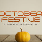 October Festive stock photos with pumpkins, fall leaves, plants, and a candle.