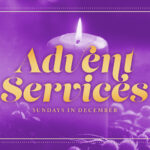 Advent Service ministry graphics with purple candle, gold elegant typography, and dotted frame border for church Christmas season worship announcements