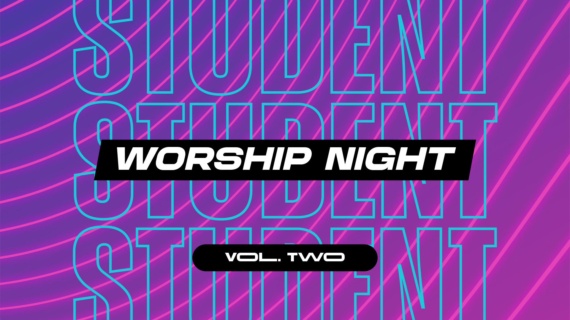 Student Worship Night: Volume Two theme pack with vibrant neon purple, pink, and cyan retro graphics for youth ministry and student worship services