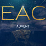 "Peace Advent" text in gold letters with star of Bethlehem shining above empty manger on deep blue starry night background for church advent video
