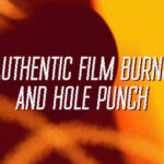 Vintage film burn overlay creative toolkit featuring authentic fire-damaged film edges with warm orange and yellow flames, burnt sprocket holes, and distressed analog film effects for video editing