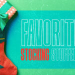 "Favorite stocking stuffer?" text in teal and red on turquoise background with Christmas stocking, wrapped gifts, and ornaments for church social media