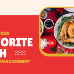 Vibrant Christmas social media graphics featuring beautifully roasted golden turkey with rosemary garnish on festive holiday table with red candles and decorations asking "What's your FAVORITE DISH at Christmas dinner?" in bold red and yellow typography