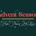 "Advent Season" in coral red with "Hope Peace Joy Love" in elegant white script on dark green background with botanical border of leaves and berries for church social media