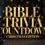 "Bible Trivia Countdown Christmas Edition" in gold textured letters on dark background with red candle, pinecones, evergreen branches, and bokeh lights for church Christmas game