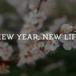 "New Year, New Life" text in white bold letters over person walking on mountain ridge at sunrise for church New Year inspirational video