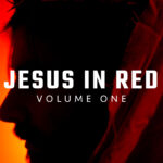 Cinematic close-up of a person representing Jesus under dramatic red lighting, featuring a crown of thorns and reflective expressions of sacrifice.