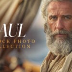 Biblical scene showing elderly bearded man caring for another elderly man lying down with people in background, depicting apostle Paul's ministry from AI-assisted stock photo collection