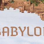A modern, tan-colored graphic with the word "BABYLON" in bold brown typography, featuring mirrored architectural elements and ancient scripture text overlays designed for a student ministry sermon series.