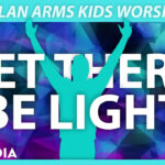 Vibrant blue and purple geometric background featuring a bright teal silhouette of a person with raised arms and the bold white text "LET THERE BE LIGHT."