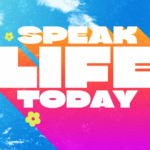 Speak Life Today kids worship video with bold white text on vibrant blue and pink gradient background with playful flower elements