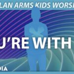 An engaging children's worship video thumbnail for "You're With Me" featuring a blue silhouette of a person with arms crossed over their heart against a vibrant, swirling purple and teal geometric background.