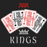 "Kings" student ministry sermon series title graphic with elegant white serif typography and a crown icon beneath four fanned playing card-style illustrated kings in red and black line art against a deep charcoal background, with a red decorative crown symbol at the top.