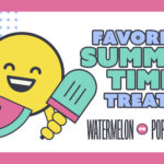 Colorful and cheerful church social media graphic on a bright pink border and white background featuring a cartoon smiley face holding a watermelon slice and a teal popsicle, with bold lavender and teal typography asking "Favorite Summertime Treat? Watermelon or Popsicles?"
