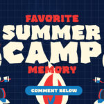 Cartoon kids sitting on logs with marshmallows and a campfire, featuring the text “Favorite Summer Camp Memory” on a grid background.