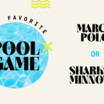 A clean, modern summer social graphic with a circular pool water photo and curved text asking "What's Your Favorite Pool Game?" with bold black typography presenting the options "Marco Polo or Sharks & Minnows" on a cream background with neon yellow accents and a cyan "or."