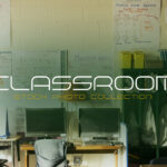 A professional church media layout from the Classroom Stock Photo collection, featuring multiple school classroom stock images, including an empty daytime classroom with desks, a classroom wall clock on green paint, cursive alphabet lettering, and a finger pointing at a world map near Egypt and Sudan.