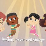 A colorful, cartoon-animated kids ministry slide from the Even When 8.jpg file featuring four diverse children kneeling and praying beneath warm, descending rays of light against a soft purple background, with white text at the bottom that reads "Anchor, never will change."