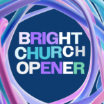 Colorful twisted 3D tubes surrounding "Bright Church Opener" text on navy background